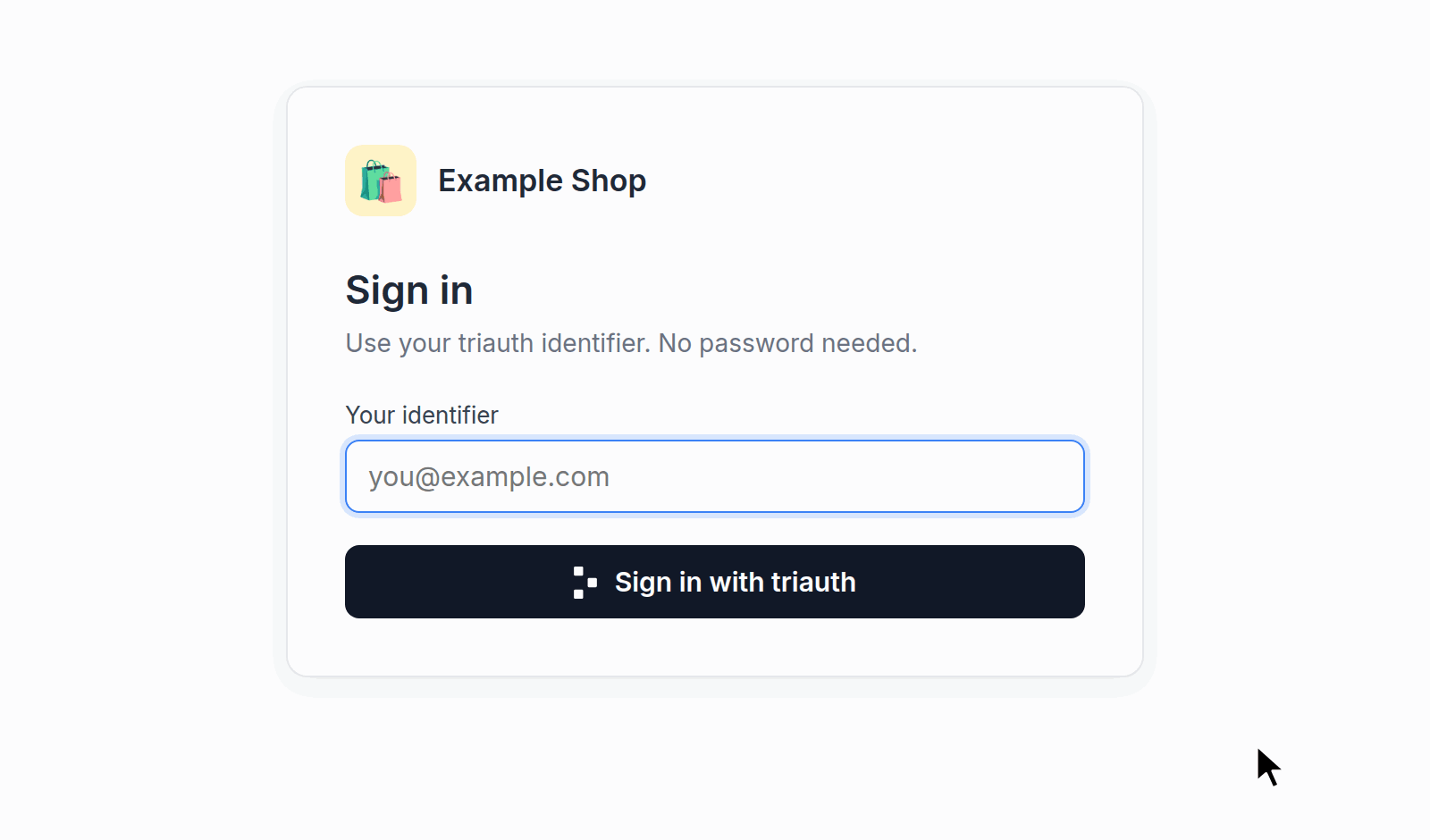 Signing in to a demo shop with triauth: the person types their identifier, the authenticator on their device shows the request, they approve it, and the shop signs them in.