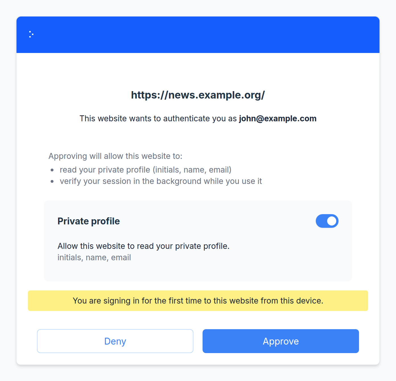 A sign-in request from https://news.example.org/ for john@example.com, with Approve and Deny buttons